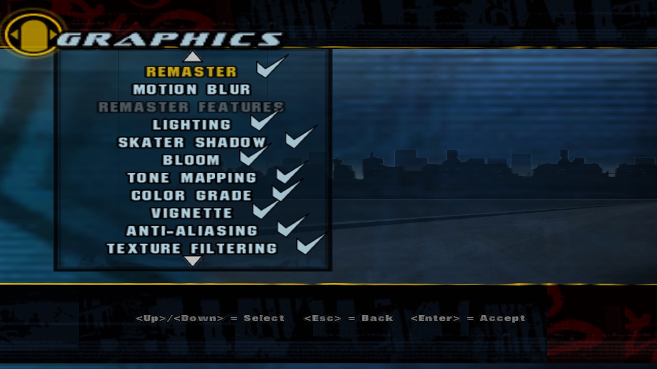 Options › Graphics: one master switch, motion blur, then the remaster features.