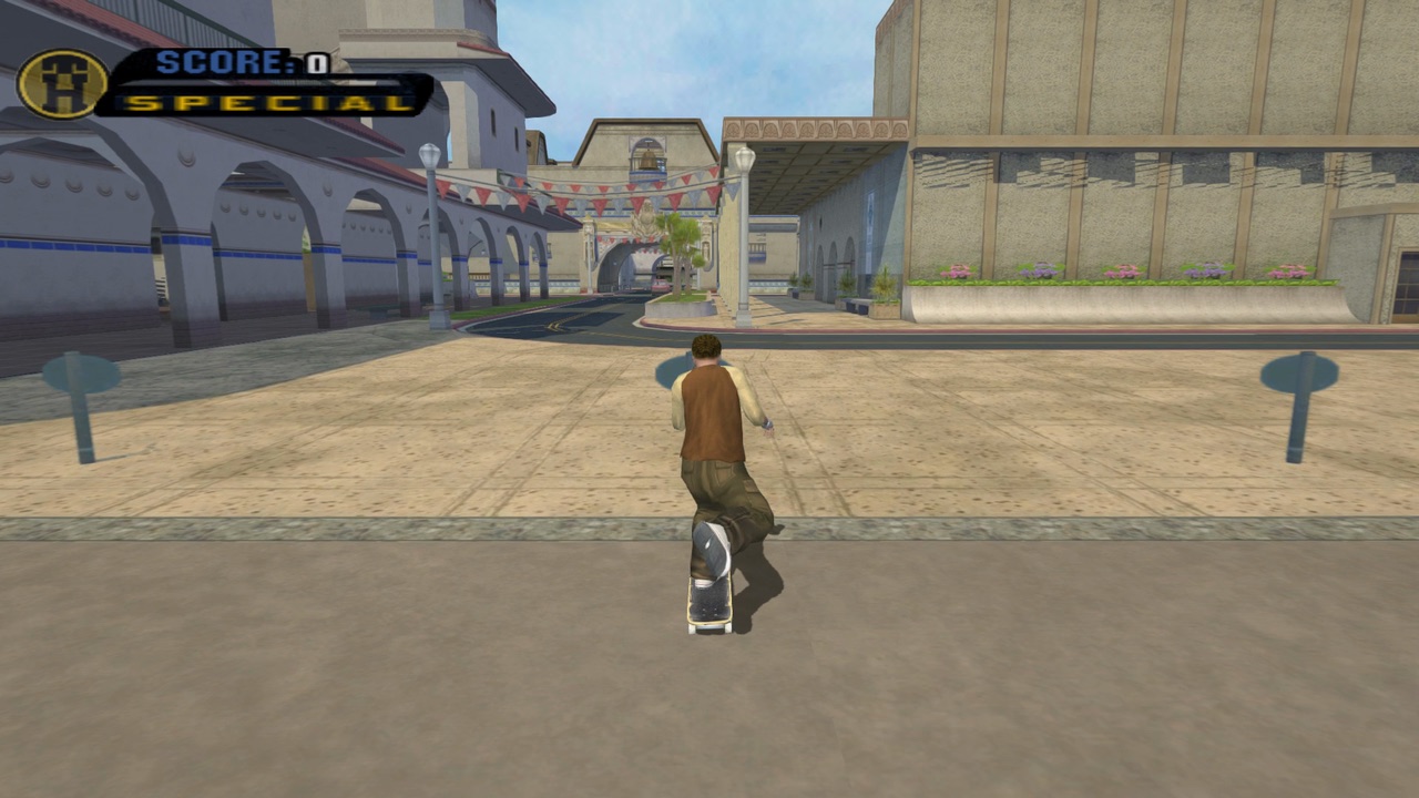 Remaster: a shadow under the push, and 8x anisotropic filtering keeps the tiles sharp to the far side.